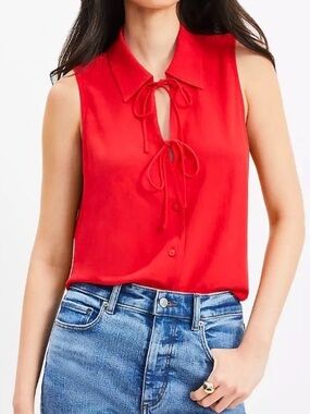 NWT New LOFT Double Tie Collared Shell Sleeveless Red Button-Down Blouse Shirt